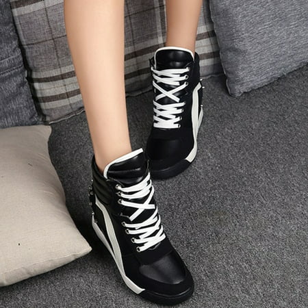 New Womens lace up Sneakers Sports Comfort Rivet Hidden Wedge Heel High Top Shoe